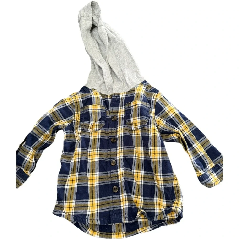 Carter's Baby Boy 9M Plaid Hooded Shirt Navy Yellow Flannel Button Down
